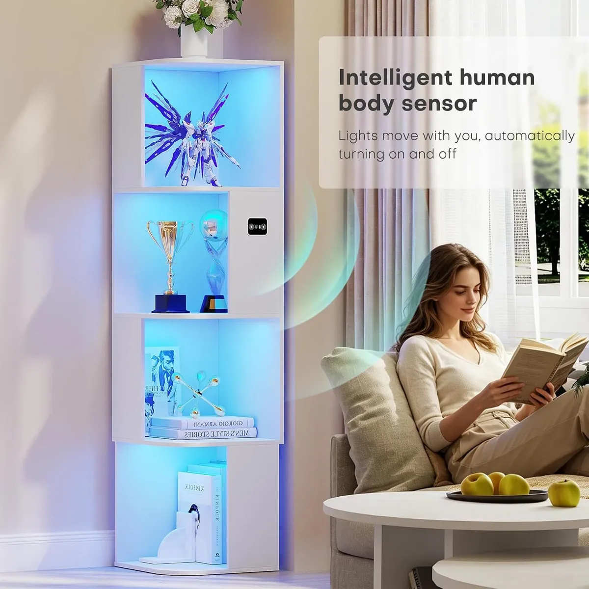 4-Tiers Corner Bookcase with 3 Colour Lights Human - Image 3