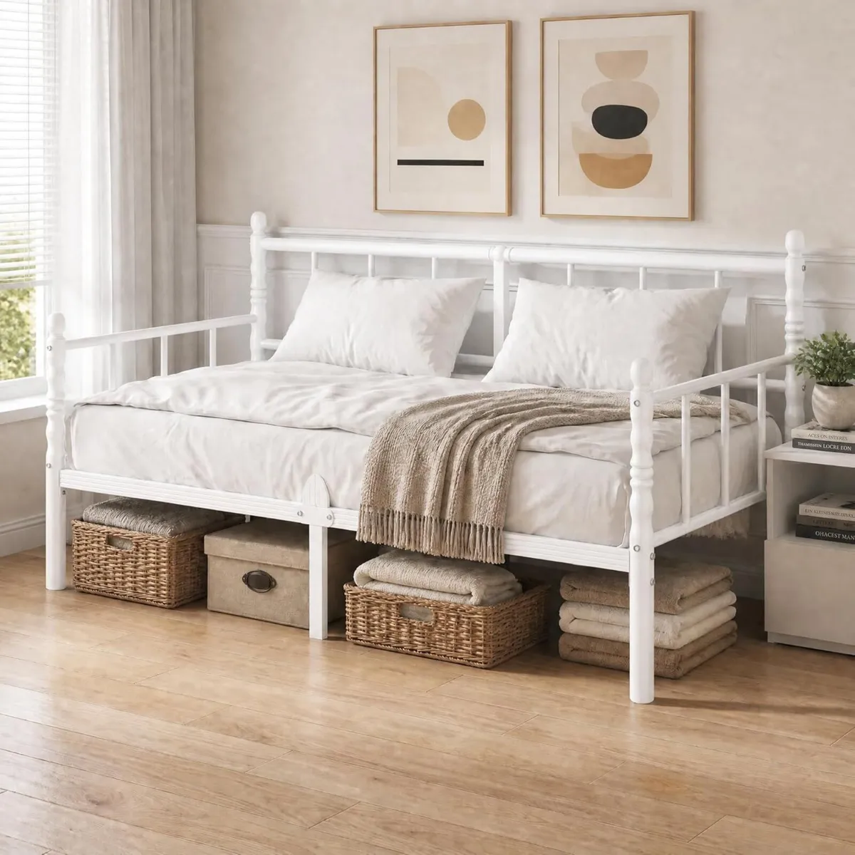 Metal Day Bed Frame with Headboard and Slatted - Image 1