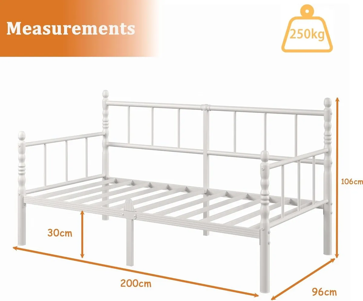 Metal Day Bed Frame with Headboard and Slatted - Image 2