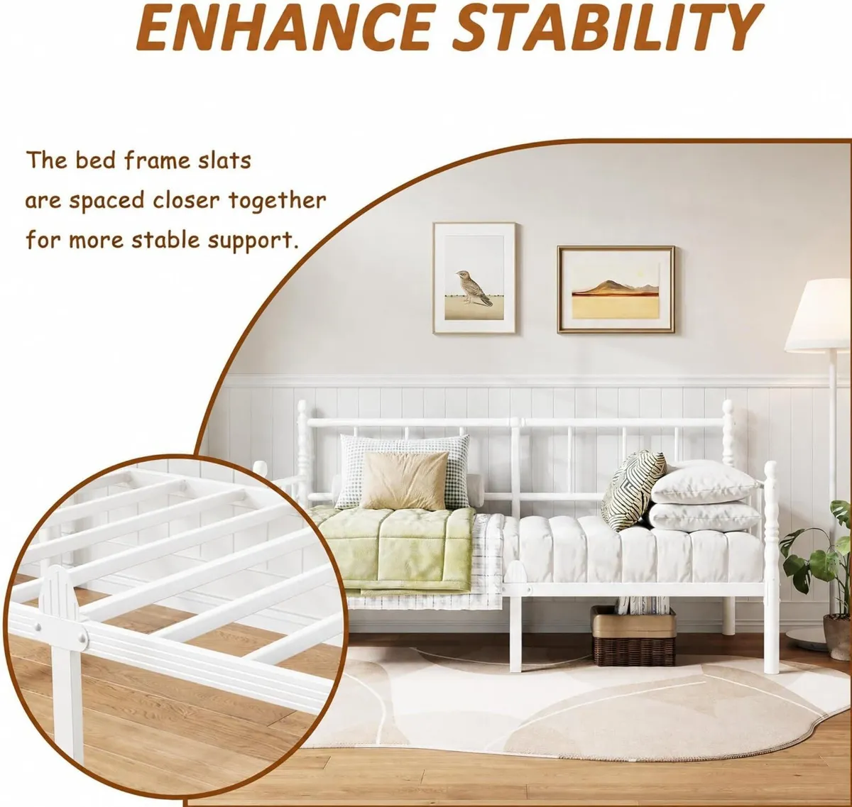 Metal Day Bed Frame with Headboard and Slatted - Image 4