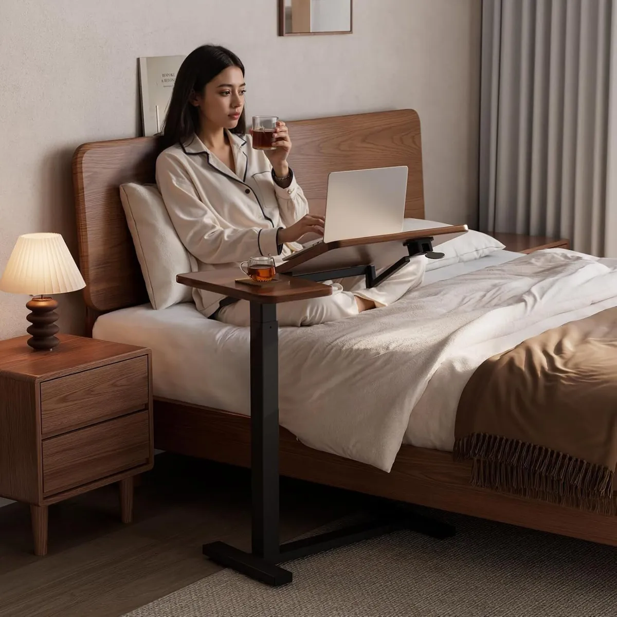 Bedside Table Wood Bed with Wheels Walnut - Image 3