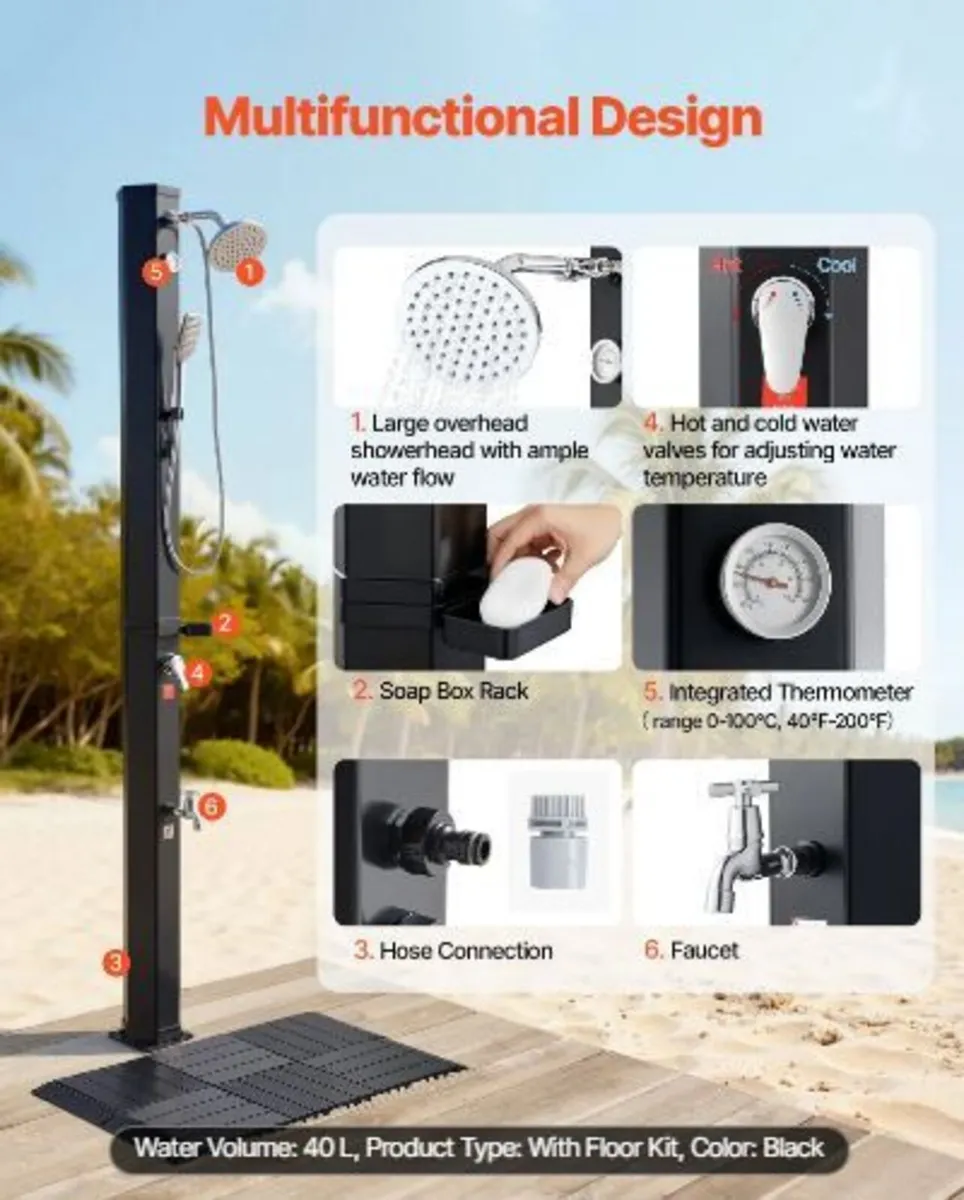 40L Solar Heated Shower, 205cm - Image 2