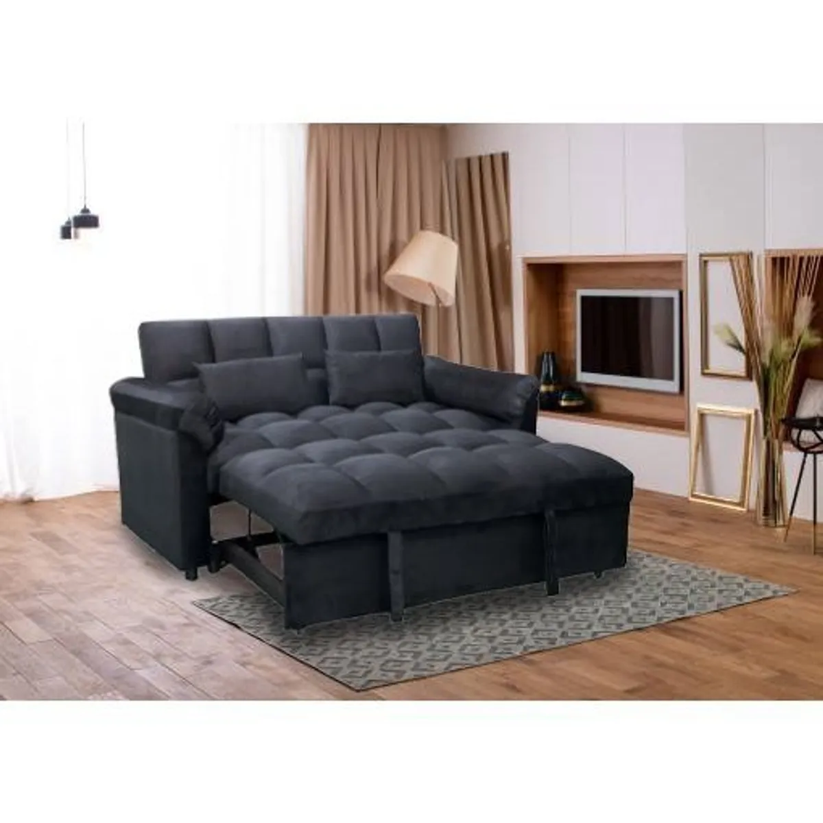 Viral sofa returns Pull Out Black velvet Double Sofa Bed 2 Seater Sleeper - Image 1