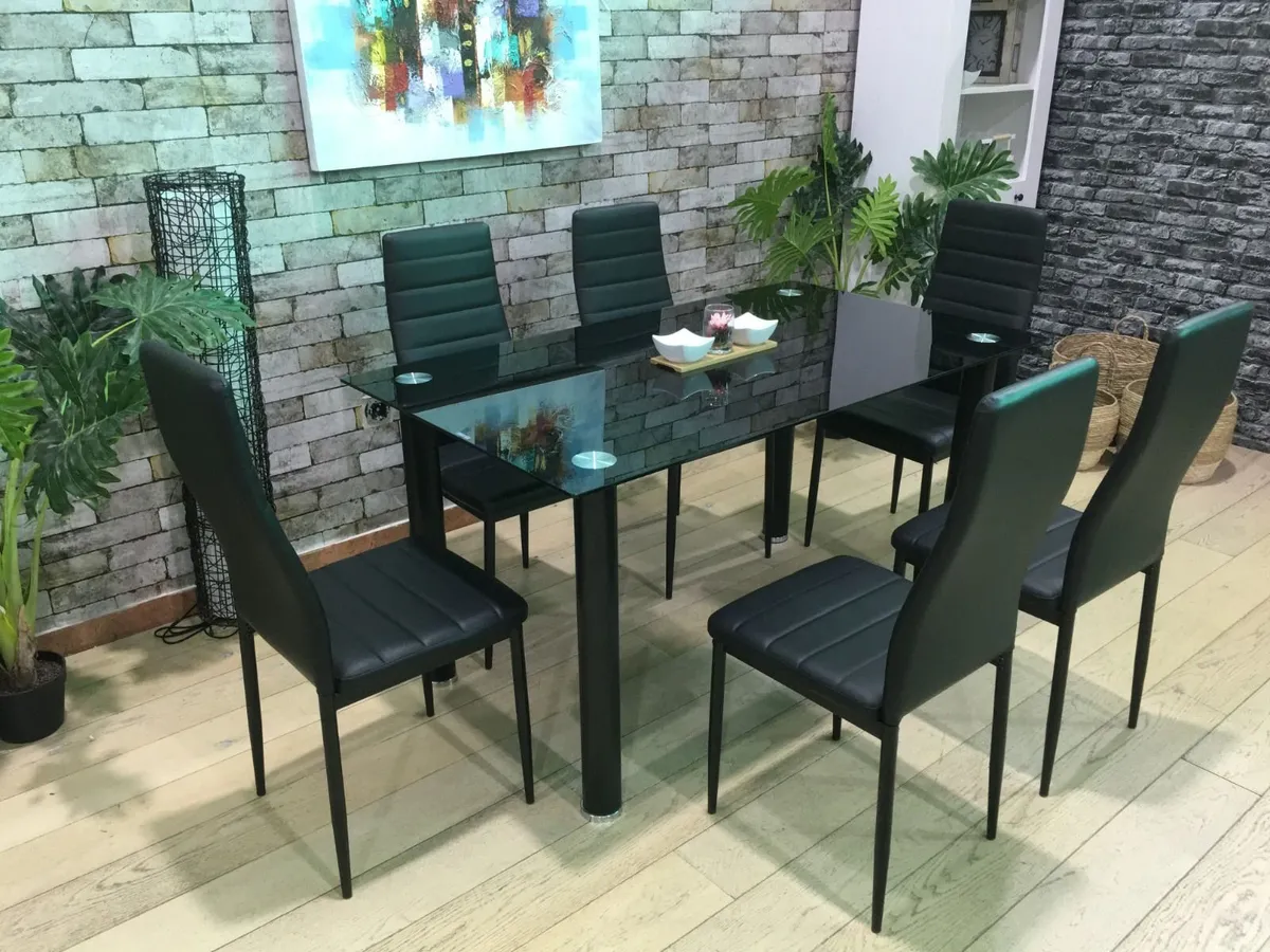 Black Glass Dining Set 6 chairs. Free delivery - Image 1