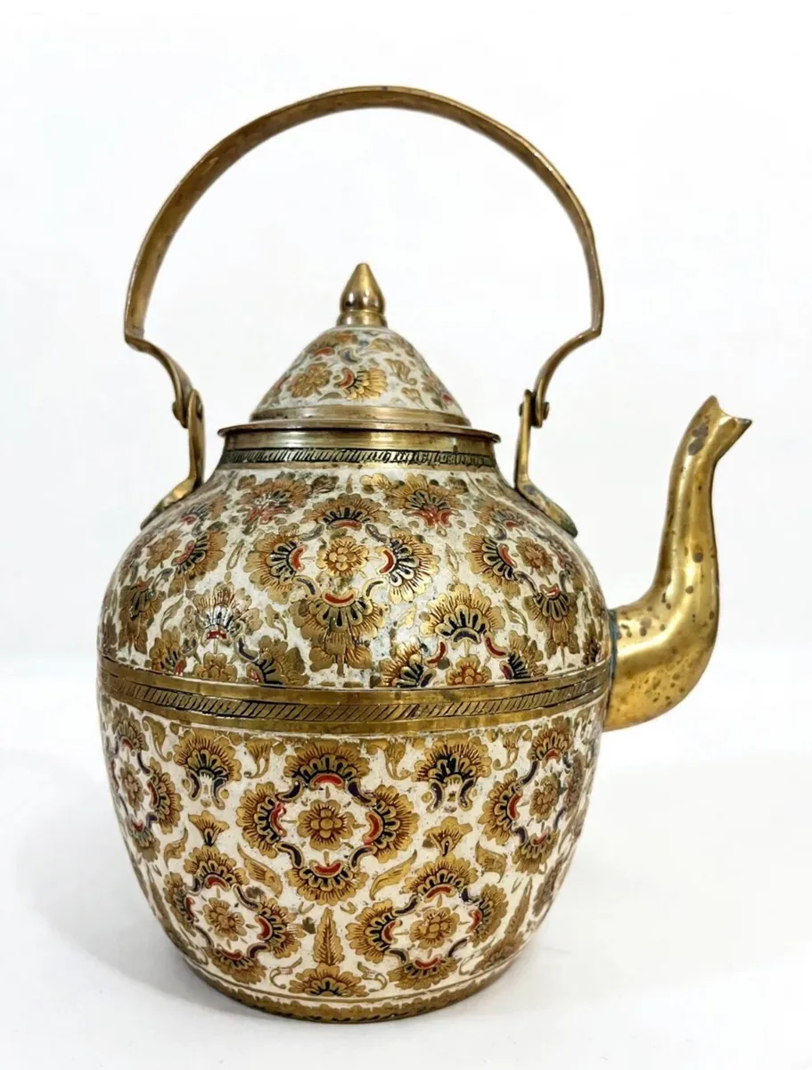 Vintage Indian enamel brass tea pot - Image 1