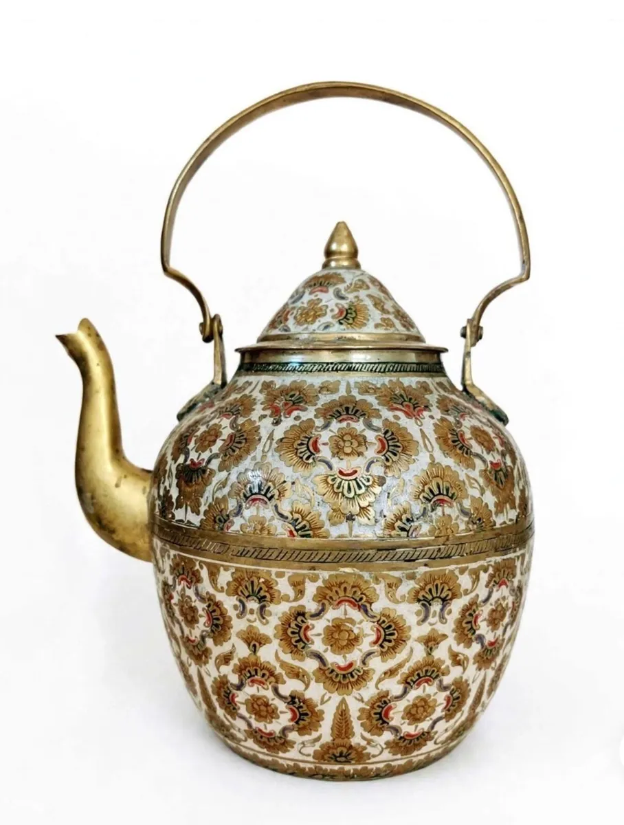 Vintage Indian enamel brass tea pot - Image 2