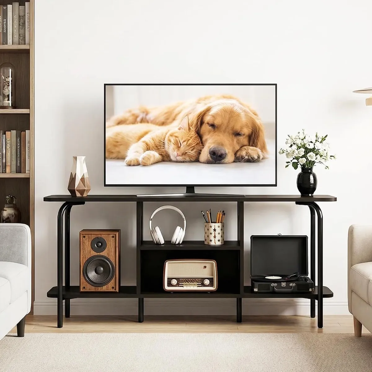 Oak TV Unit 120CM Arch Detail Open Shelves - Image 3