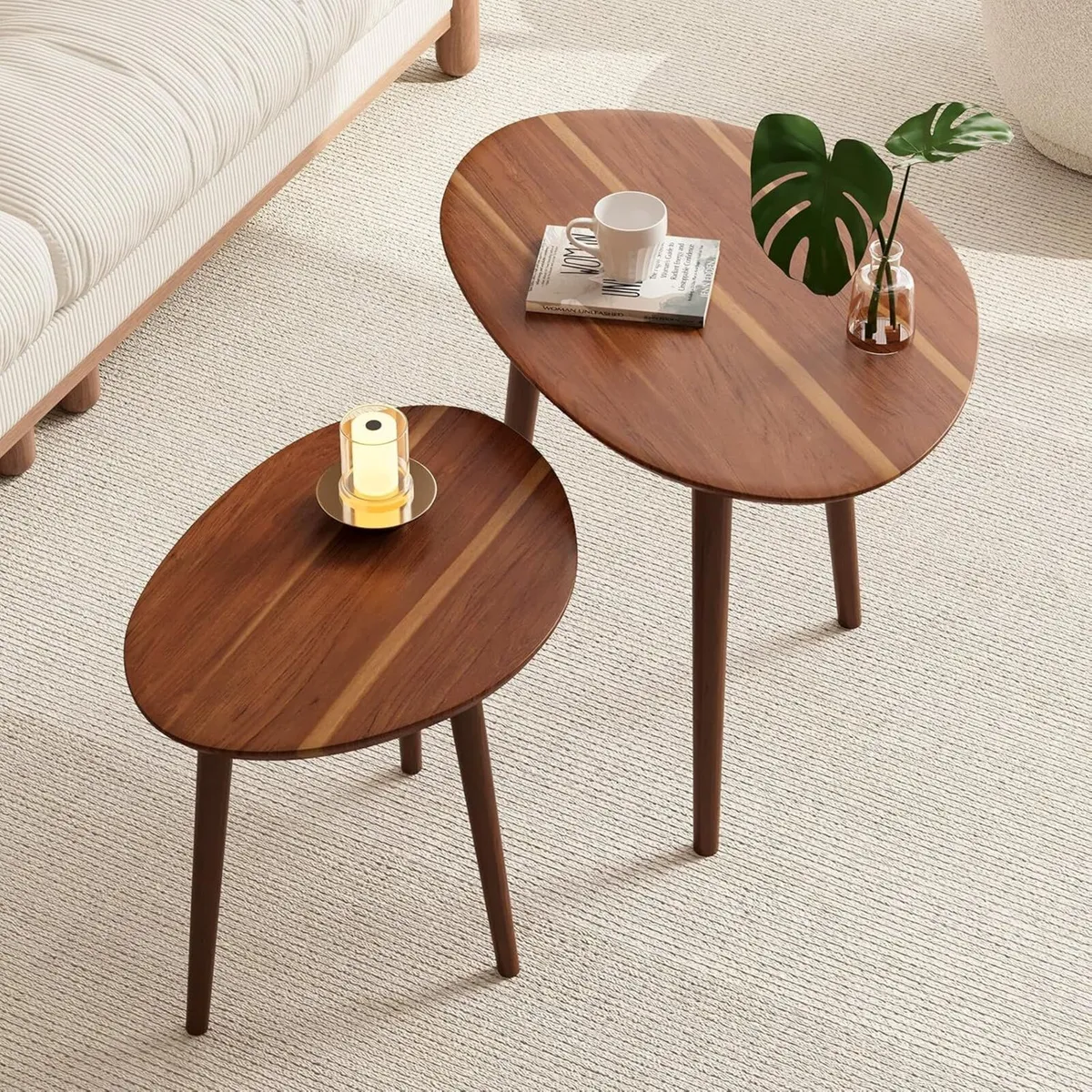 Small Oval Coffee Tables Set Acacia Wood Nesting - Image 1