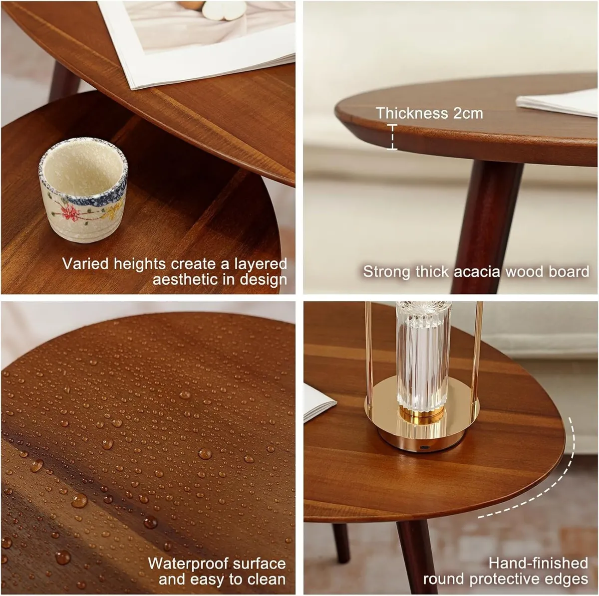Small Oval Coffee Tables Set Acacia Wood Nesting - Image 4