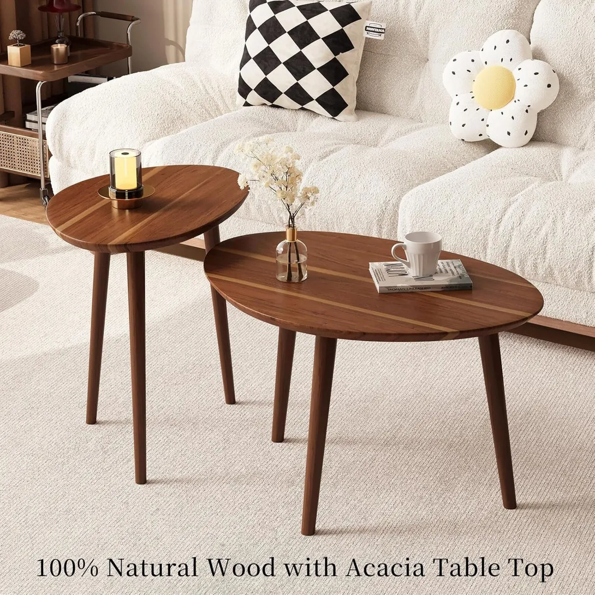 Small Oval Coffee Tables Set Acacia Wood Nesting - Image 3