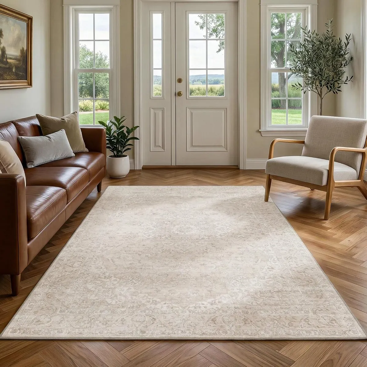 Washable Area Rug Neutral Vintage Non - Image 1