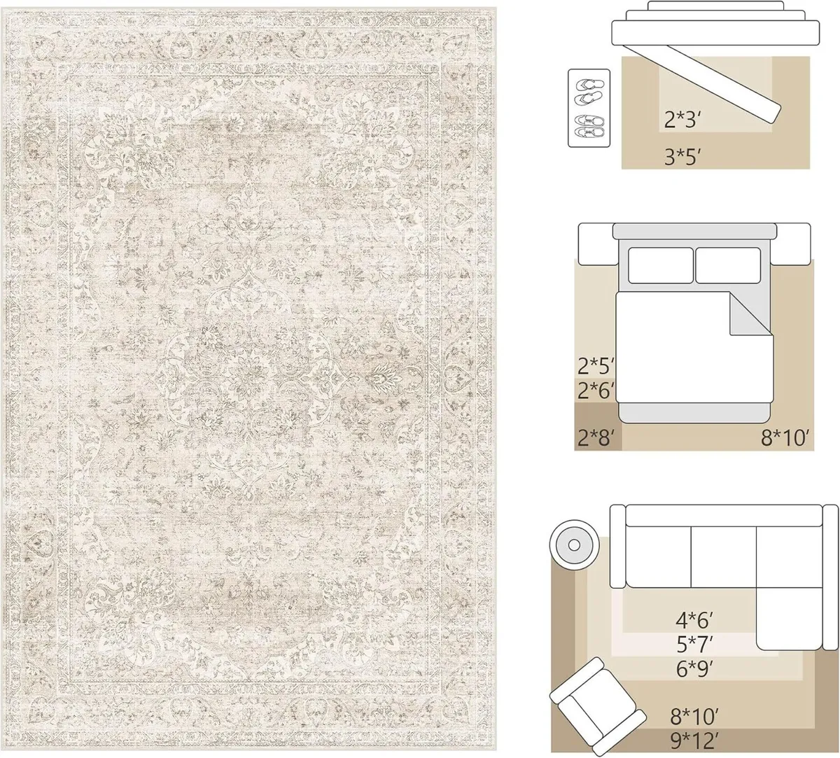 Washable Area Rug Neutral Vintage Non - Image 2
