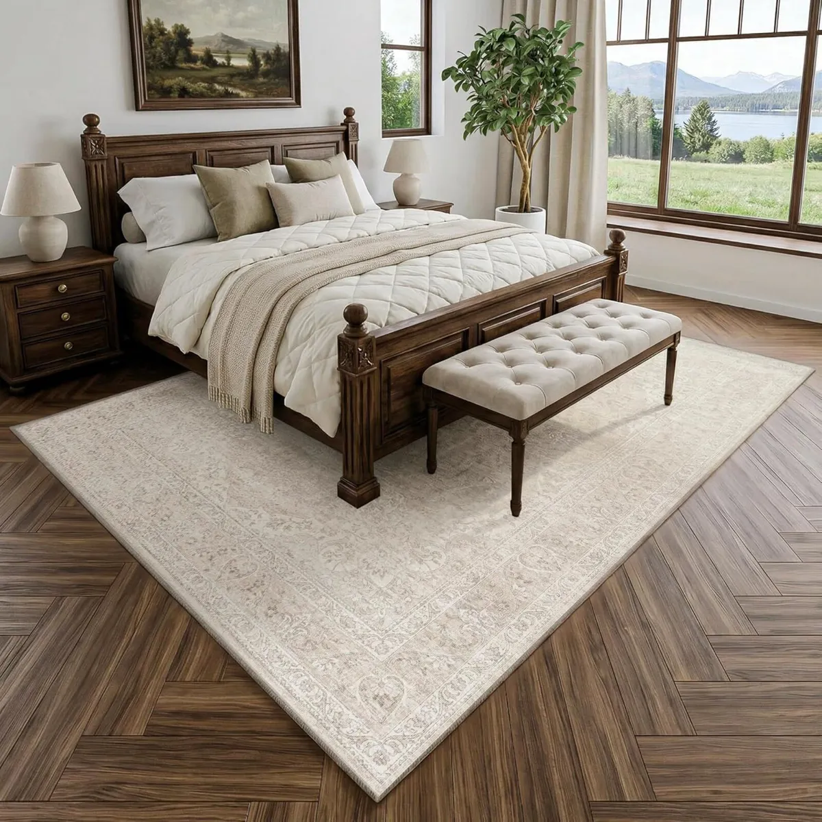 Washable Area Rug Neutral Vintage Non - Image 3
