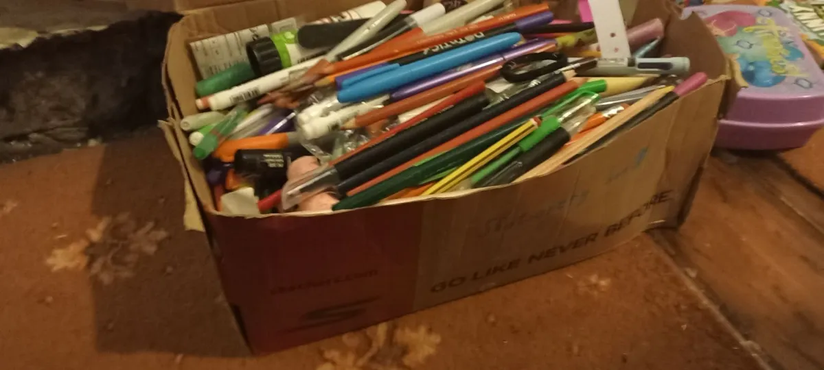 Box of Pens; colour Pencils. Writing books etc - Image 1