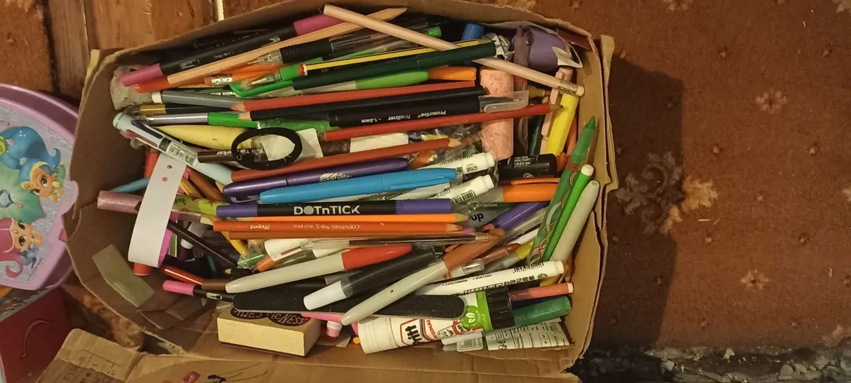 Box of Pens; colour Pencils. Writing books etc - Image 4