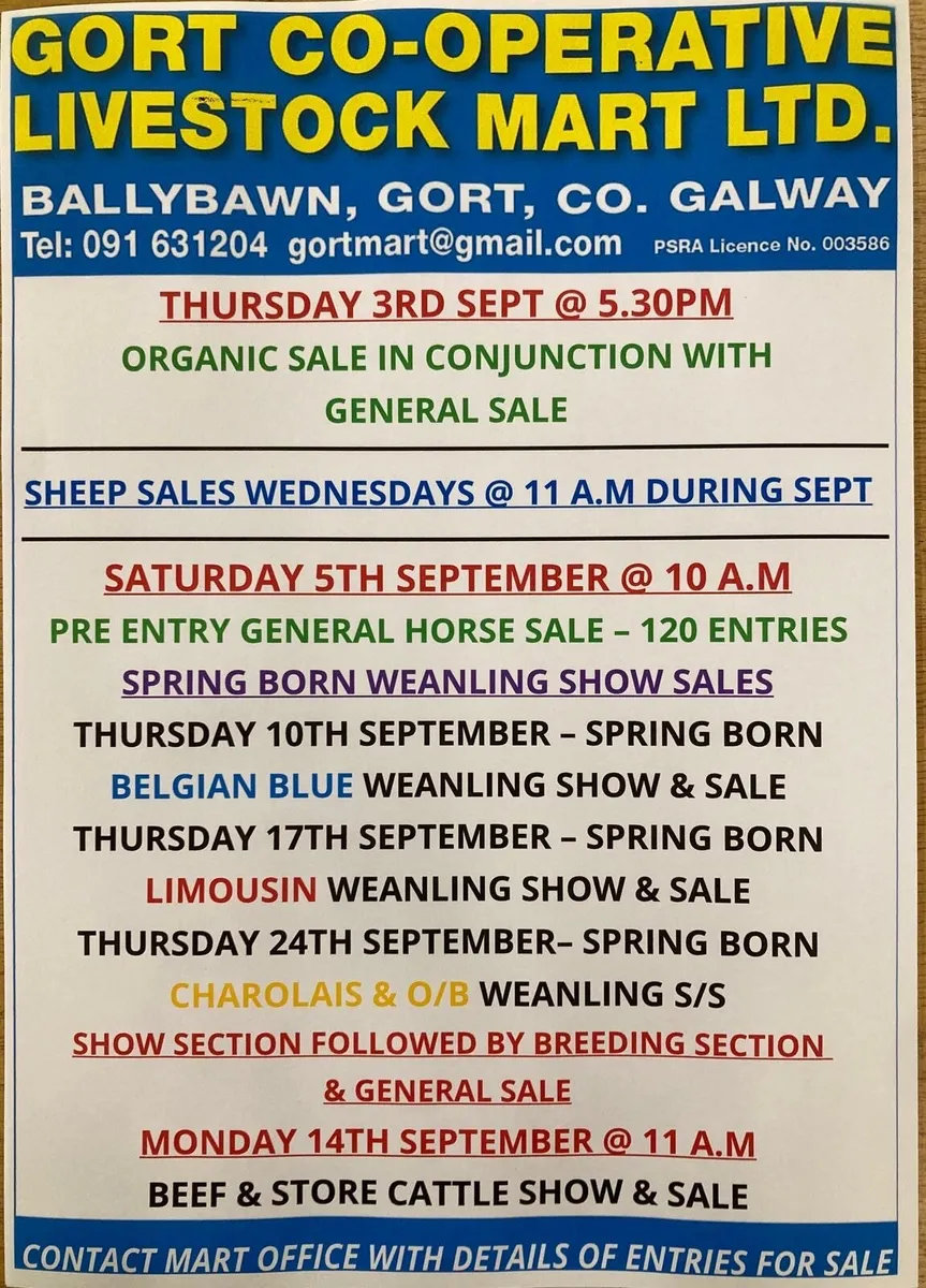 Gort Mart: Thurs 3rd Sept : Organic & General