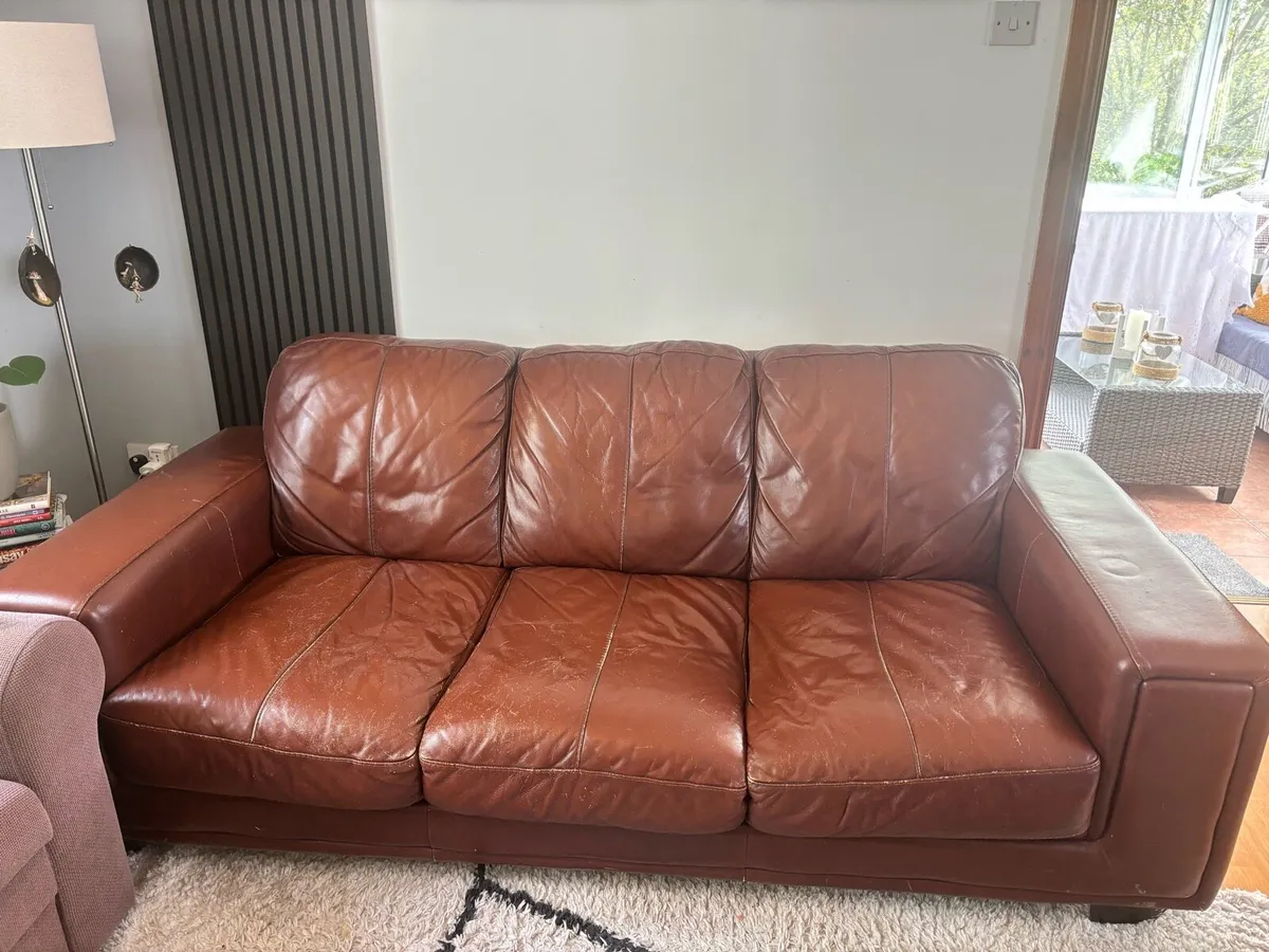 Brown leather 3-seater sofa - Image 1