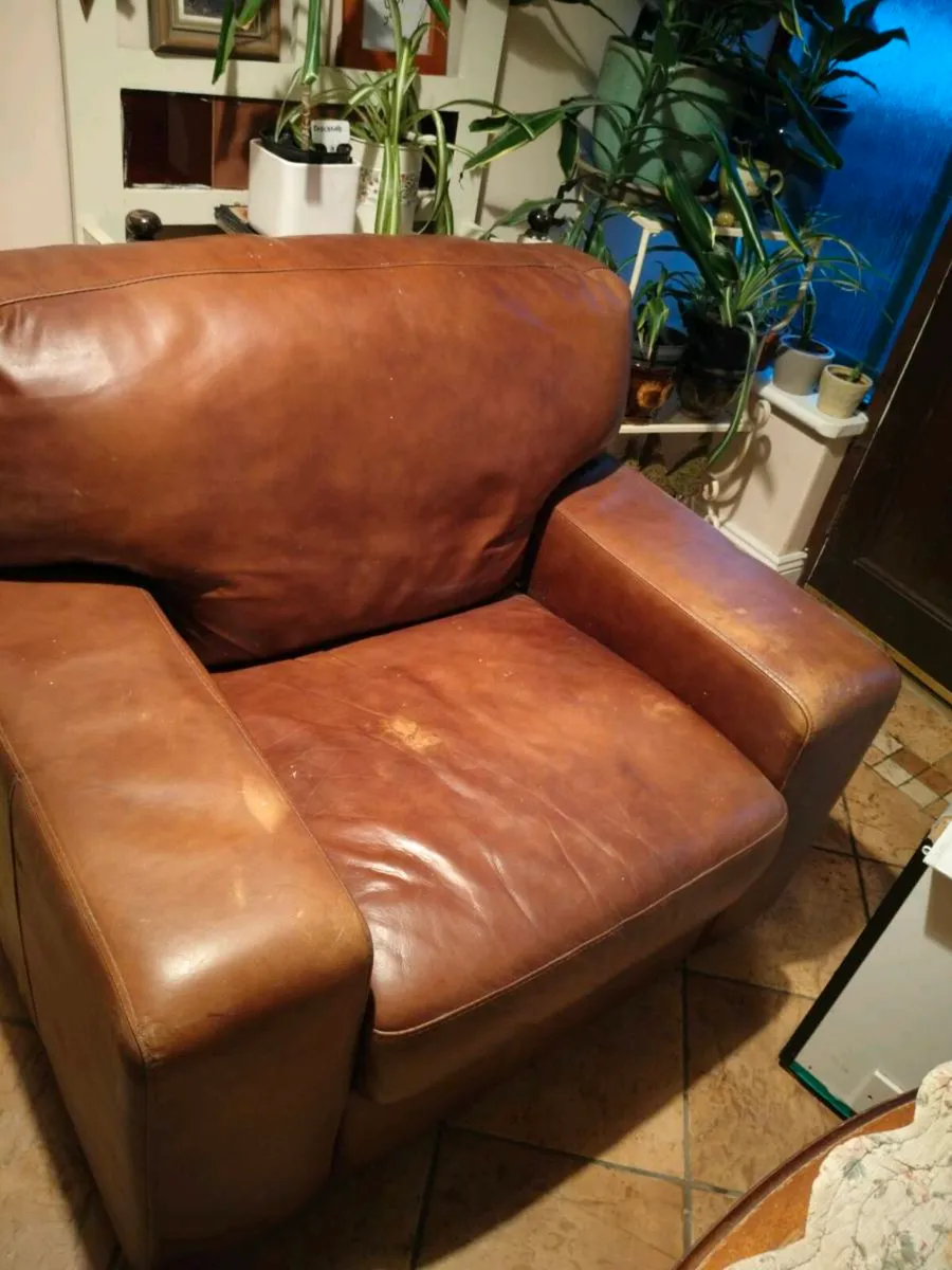 Real brown leather armchair featuring thick,  cush - Image 1