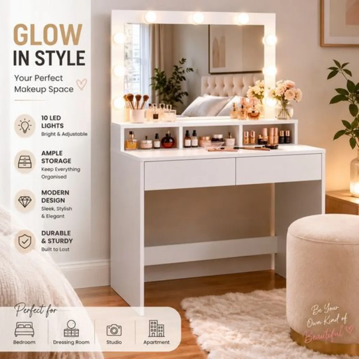 LED Dressing Table with Mirror & Drawers - Image 1