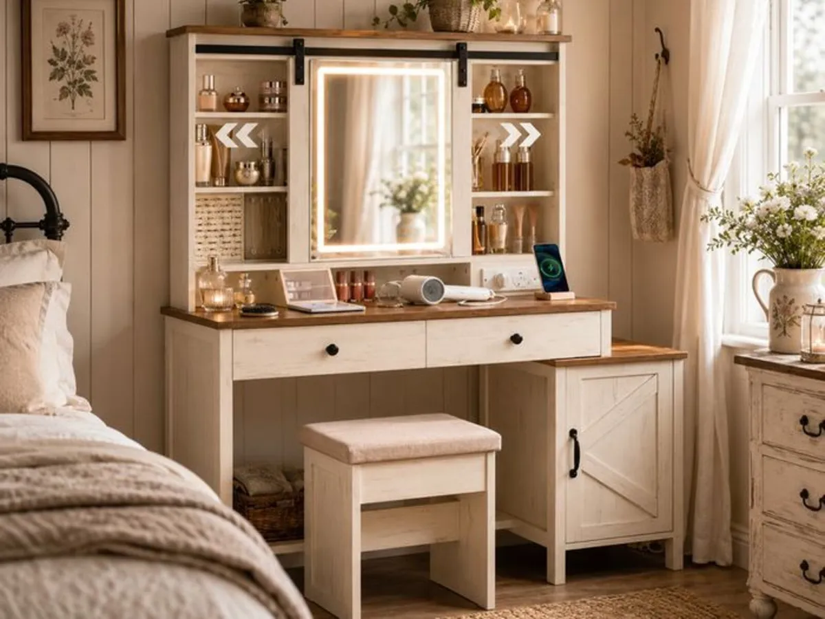 Country Style Dressing Table with Stool Mirror and - Image 1