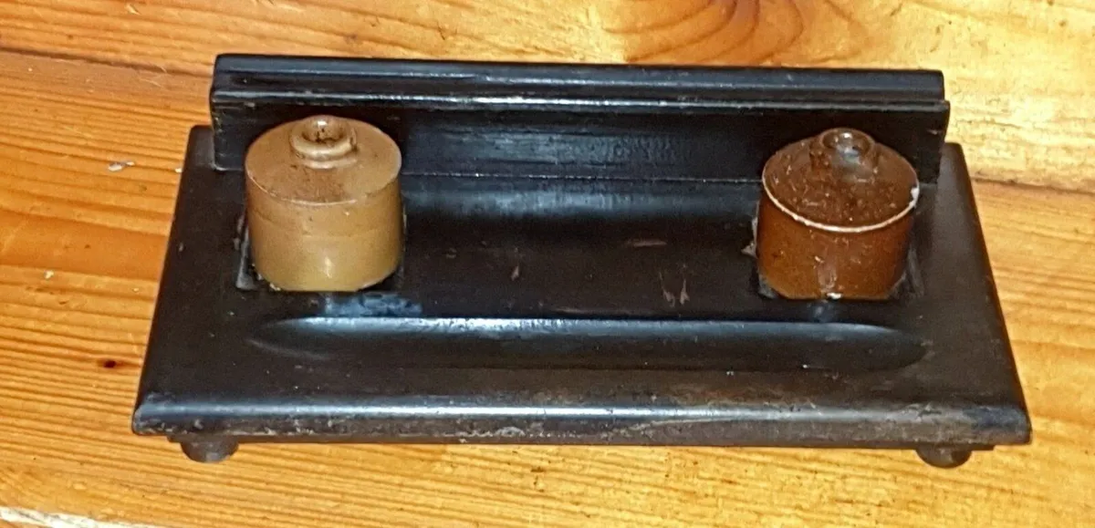 Antique Wooden Double Inkwell Desk Stand - Image 3