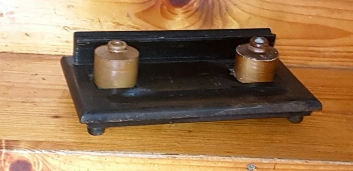 Antique Wooden Double Inkwell Desk Stand - Image 1