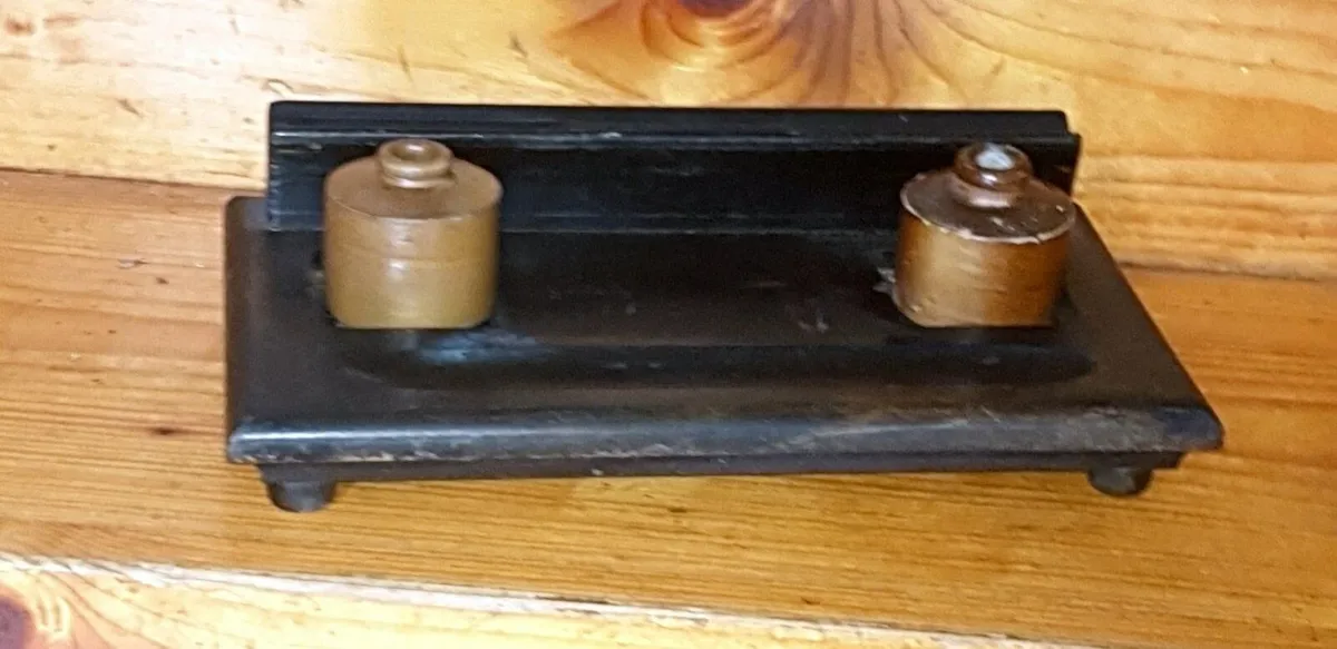 Antique Wooden Double Inkwell Desk Stand - Image 2