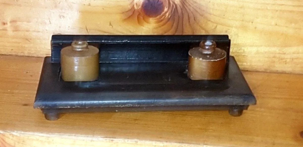 Antique Wooden Double Inkwell Desk Stand - Image 4