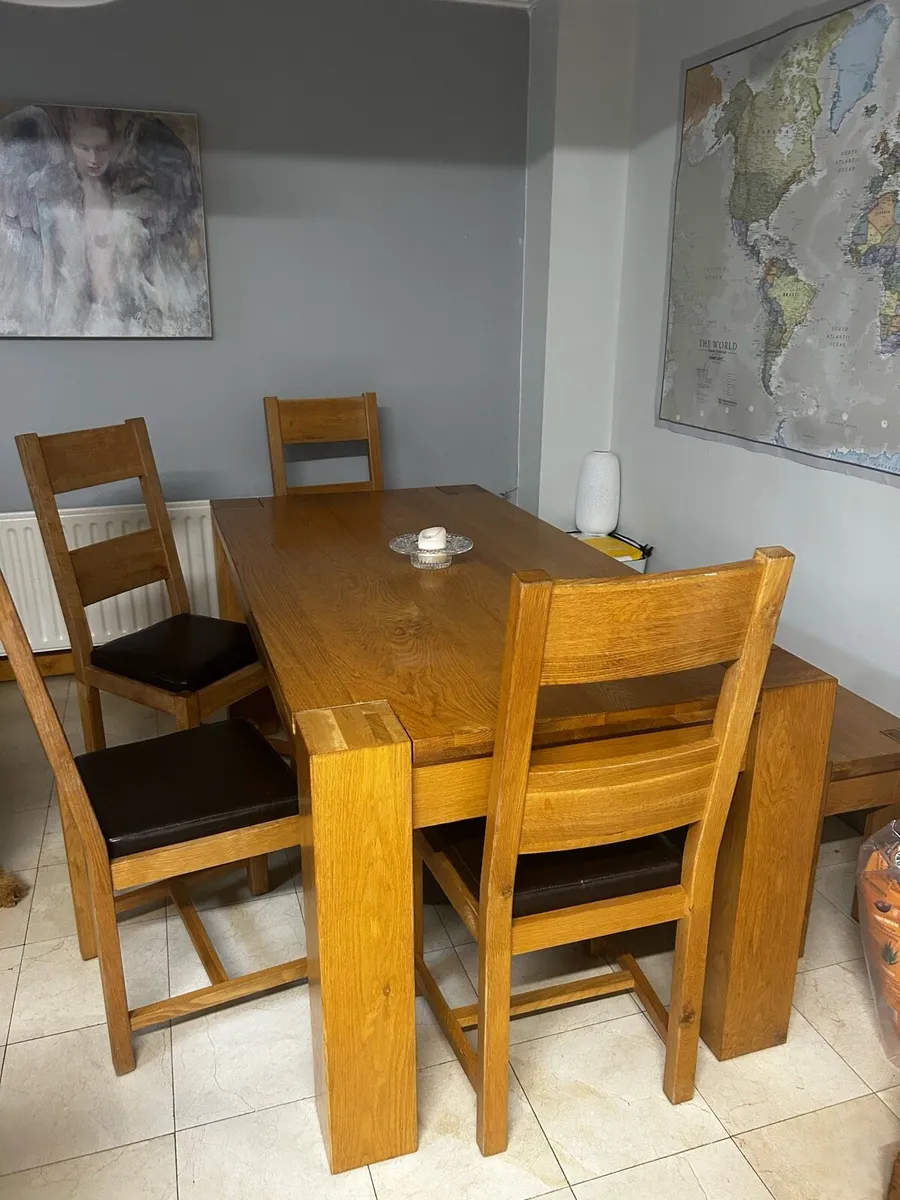 Solid Oak Dining Table with Bench and 4 Chairs - Image 1