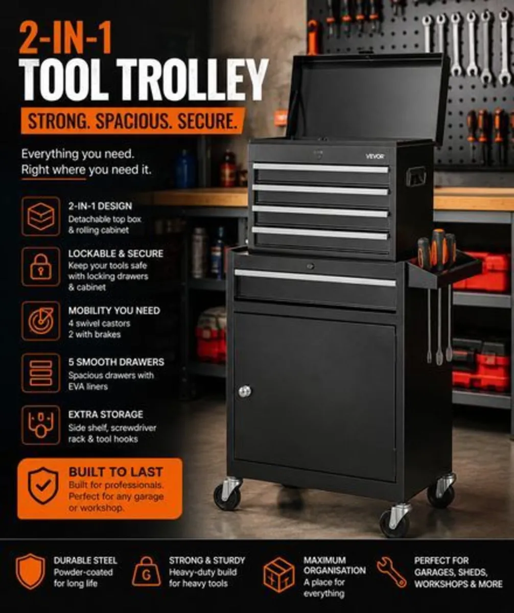Heavy Duty Tool Trolley with 5 Drawers & Cabinet - Image 1