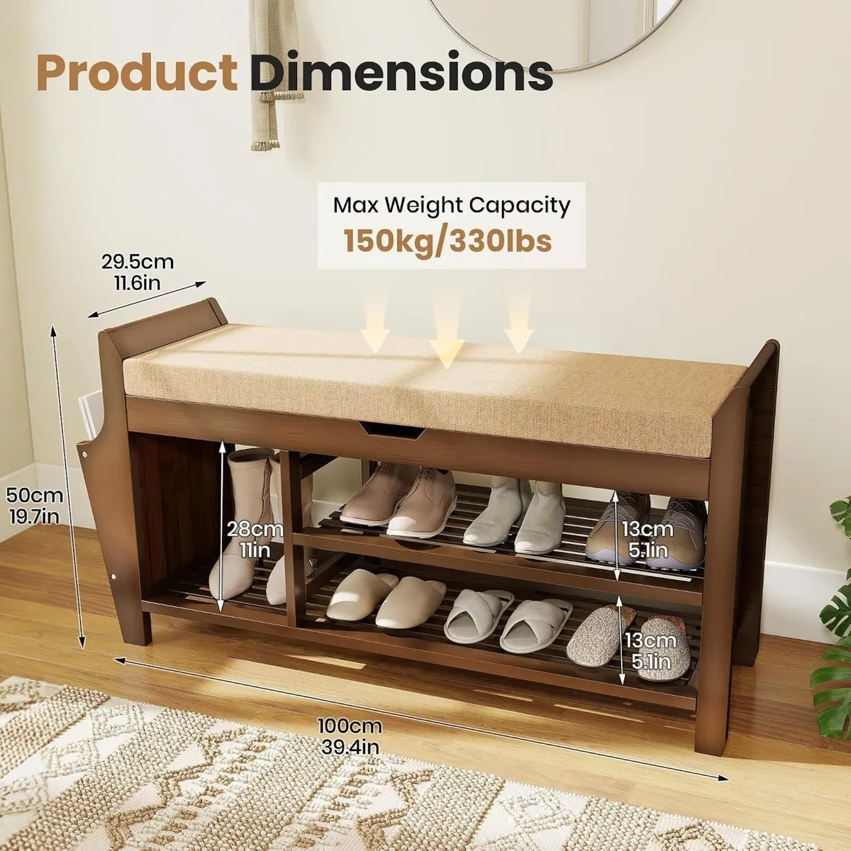Shoe Storage Bench Bamboo with Padded Seat Cabinet - Image 3