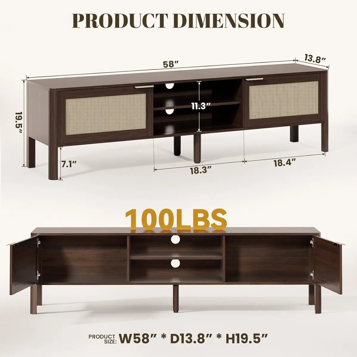 Wooden TV Stand Cabinet 147CM Rattan Unit - Image 2