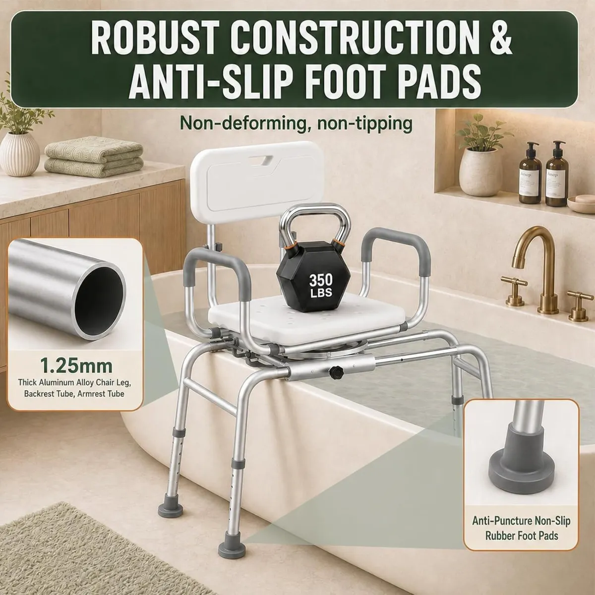 Sliding Shower Chair with Wide Swivel Seat - Image 4