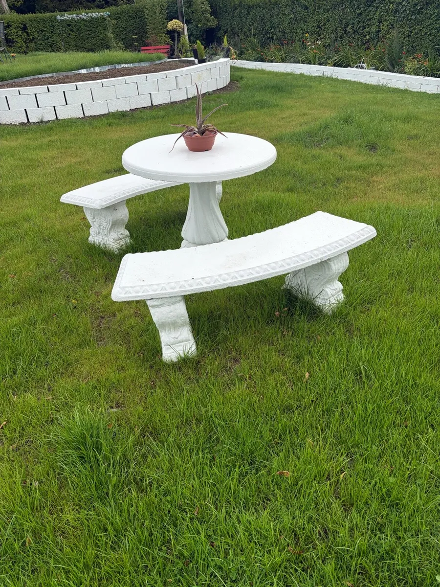 concrete garden table and 2 bench sets - Image 1