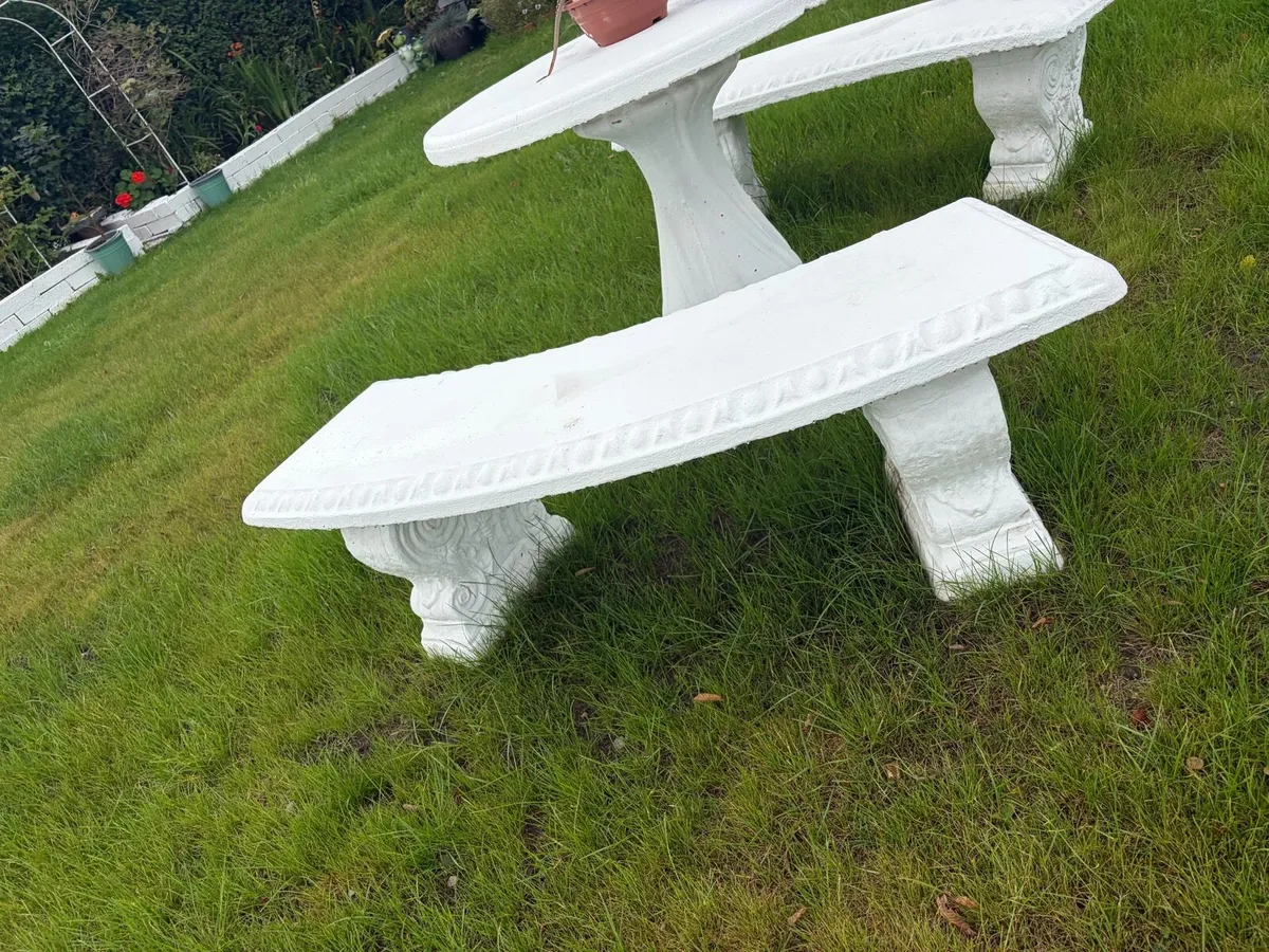 concrete garden table and 2 bench sets - Image 4