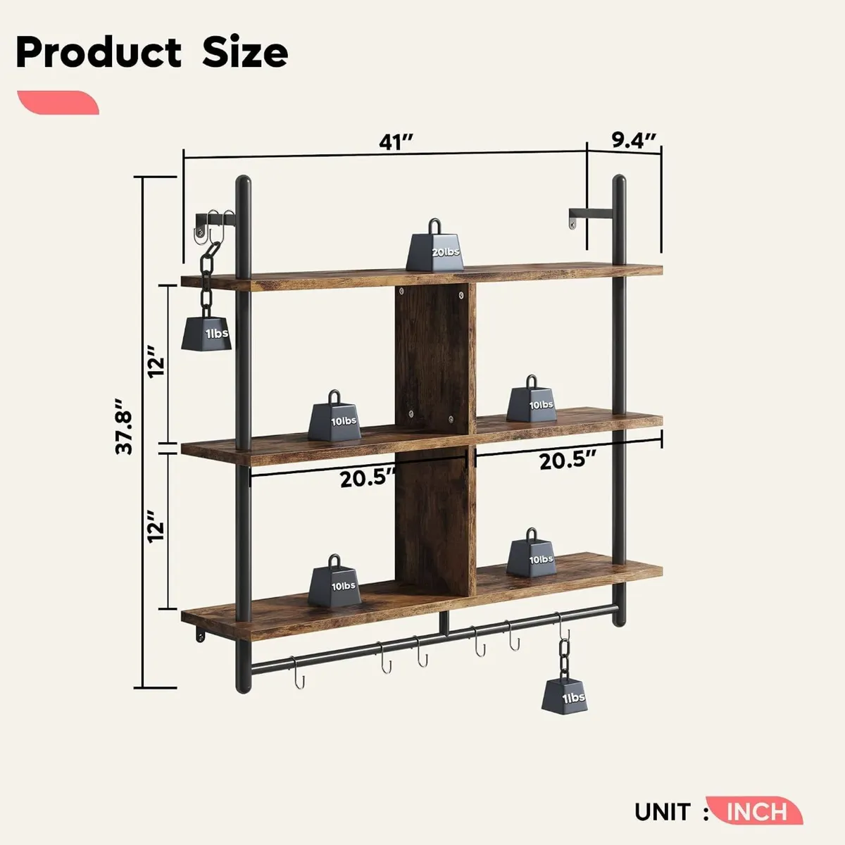 3 Tier Floating Pipe Shelving Industrial Wall - Image 2