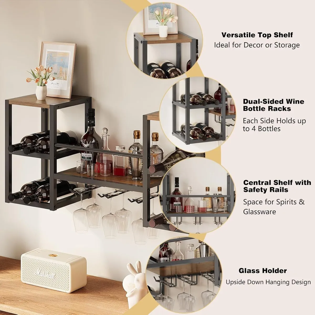 Industrial Wall Mounted Wine Rack with 3 Steam - Image 4