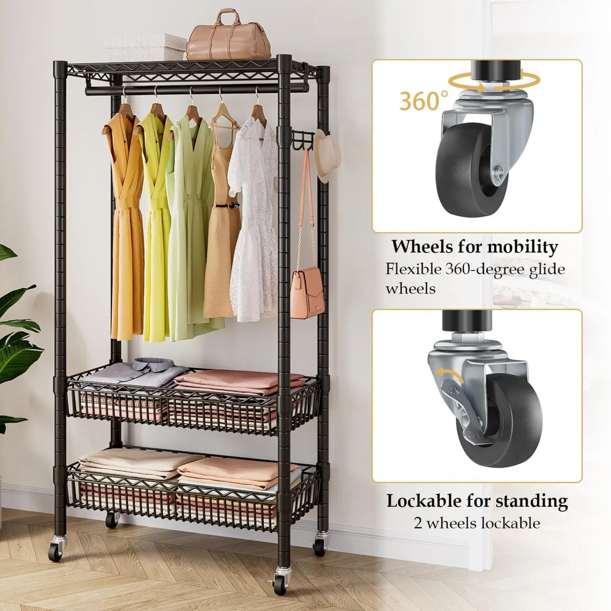 Clothes Rail Stand with Wheels and 2 Adjustable - Image 3