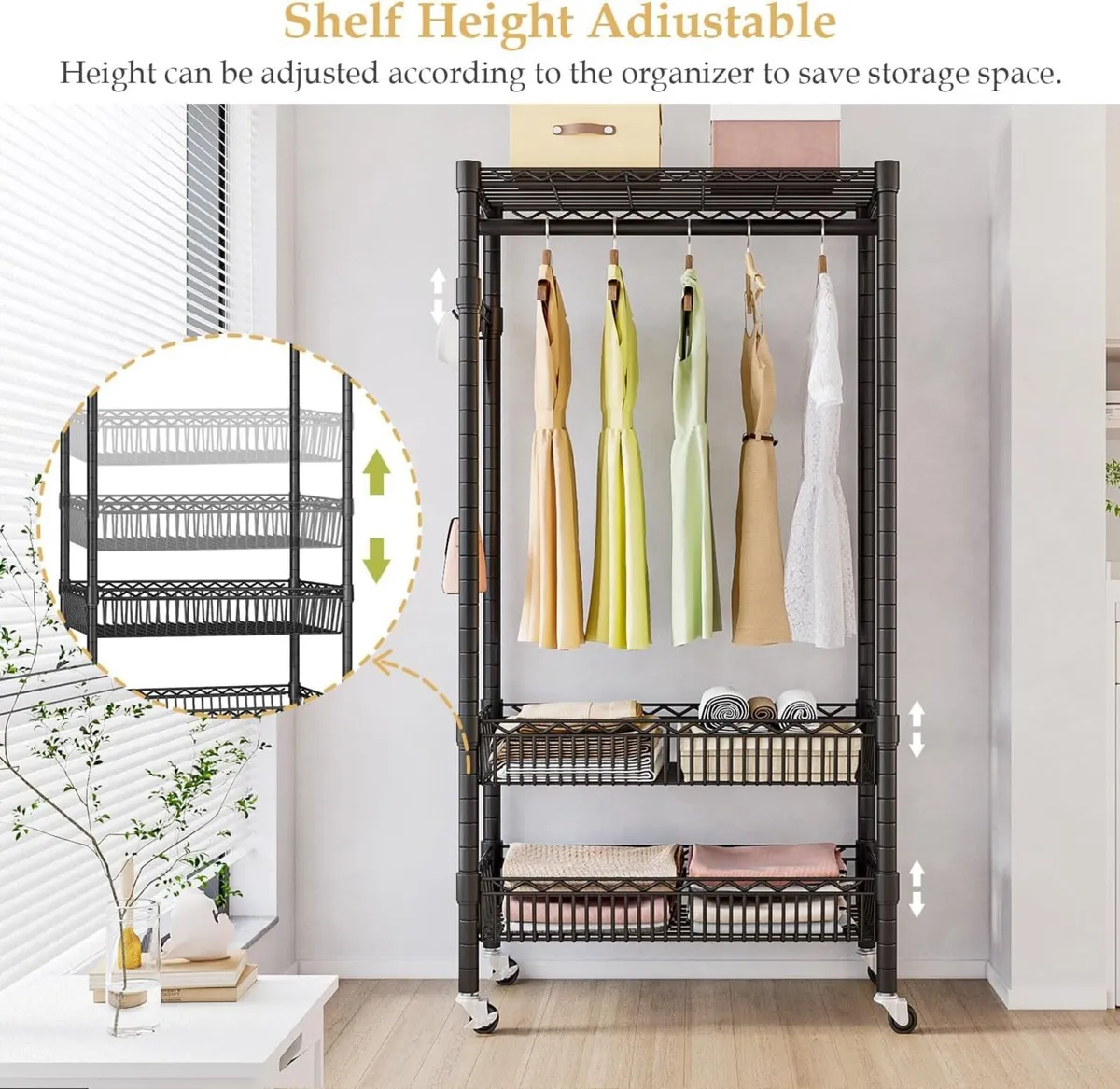 Clothes Rail Stand with Wheels and 2 Adjustable - Image 4