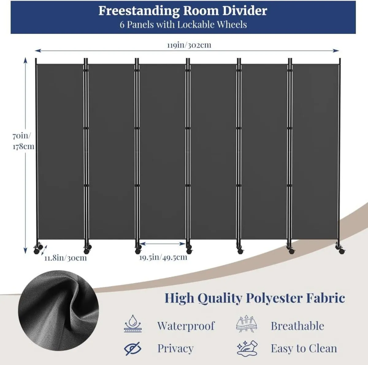 6 Panel Room Divider 6FT Tall Rolling Privacy - Image 2