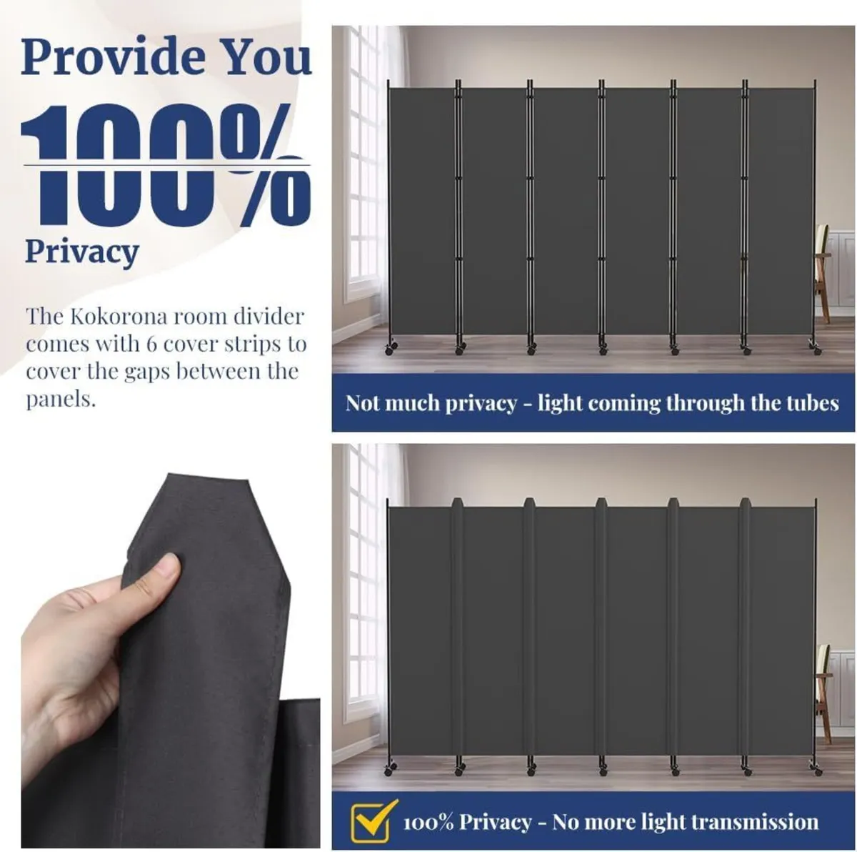 6 Panel Room Divider 6FT Tall Rolling Privacy - Image 3