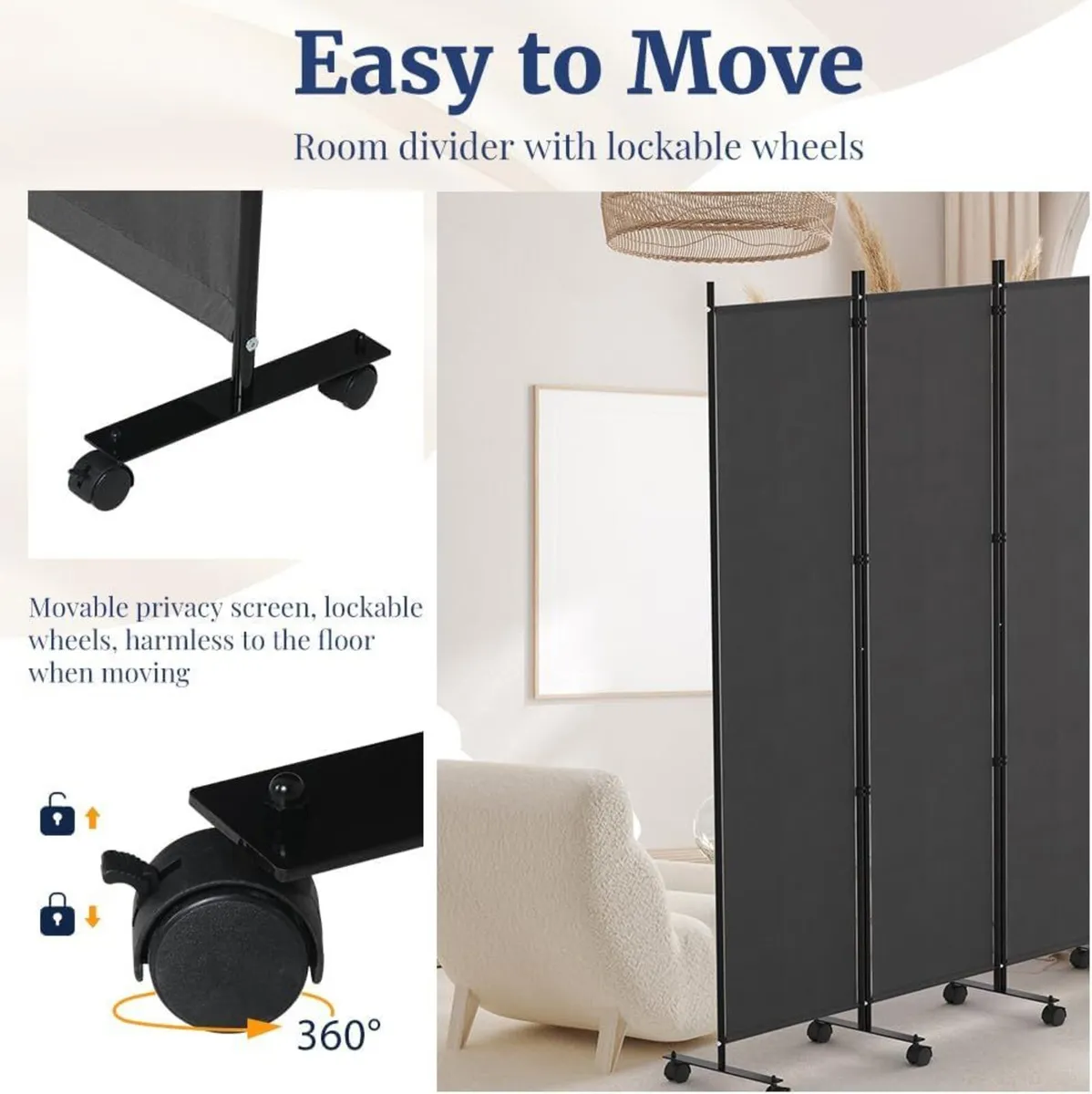6 Panel Room Divider 6FT Tall Rolling Privacy - Image 4
