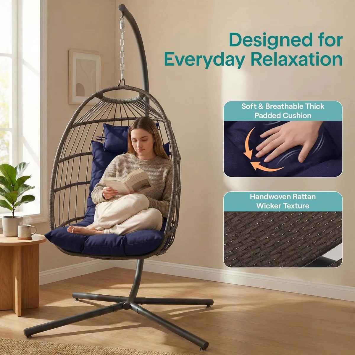 Foldable Egg Chair with Stand Rattan Wicker - Image 4