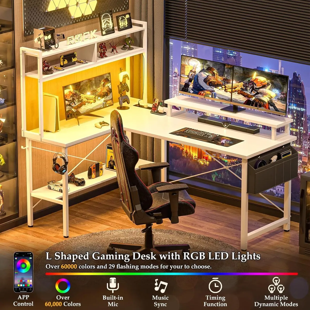 L Shaped Gaming Desk with Power Outlets LED - Image 3