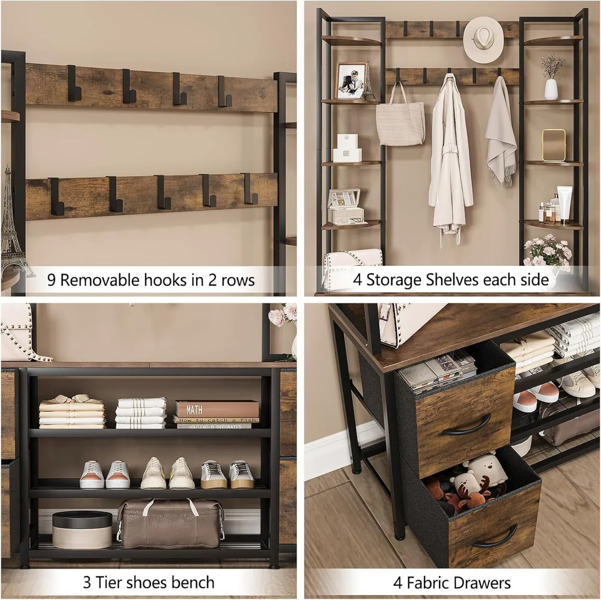 Large 5-In-1 Entryway Hall Tree with Bench Coat - Image 3