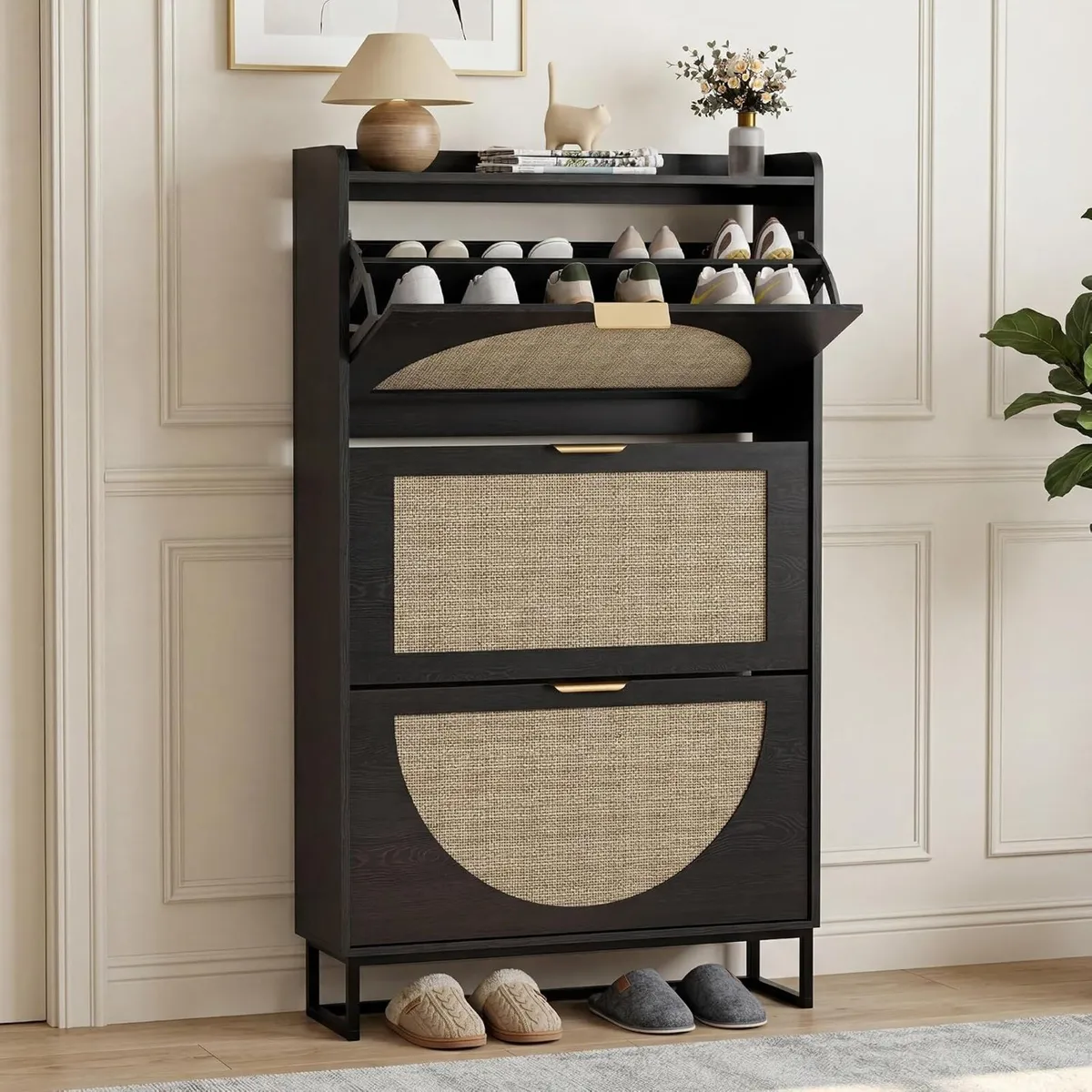Rattan Shoe Storage Cabinet Wooden Organiser - Image 1