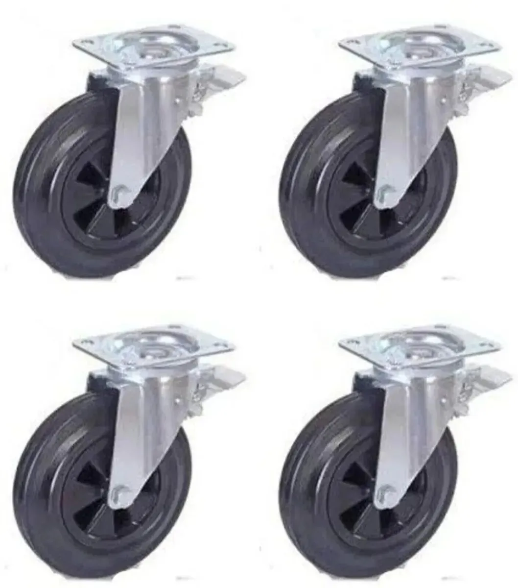 200mm Rubber Castor Wheels Swivel Brake 800KG - Image 1