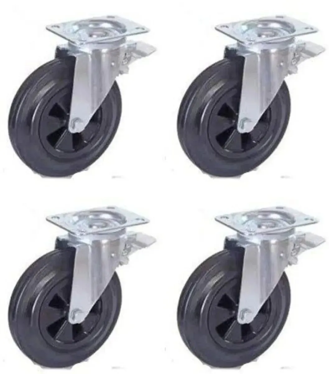 200mm Rubber Castor Wheels Swivel Brake 800KG - Image 2