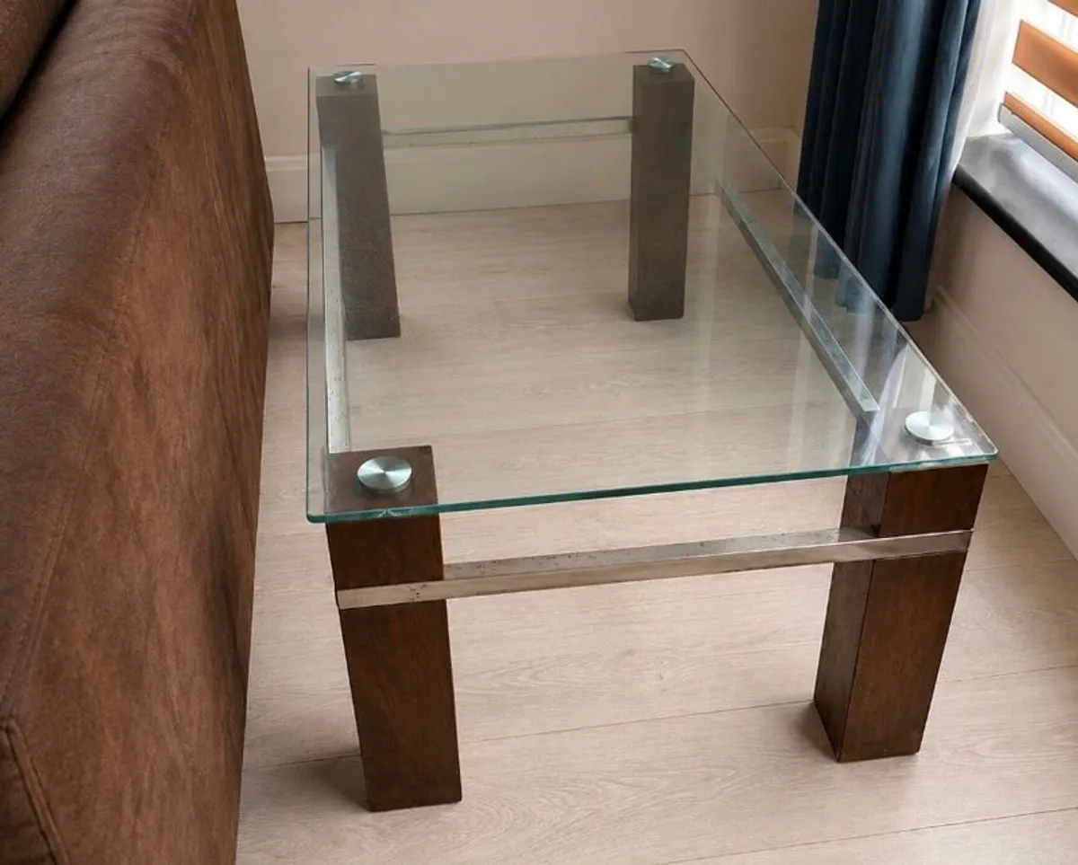 Glass, Wood & Stainless Steel Coffee Table