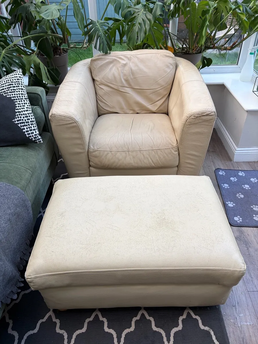 Cream Leather Armchair and Pouffe - Image 1